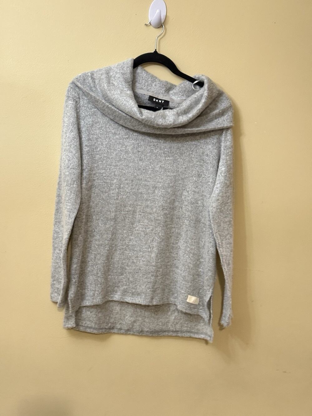 DKNY Cowl Neck Sweater Womens Medium Grey Heather High Low Knit Cozy Minimalist
